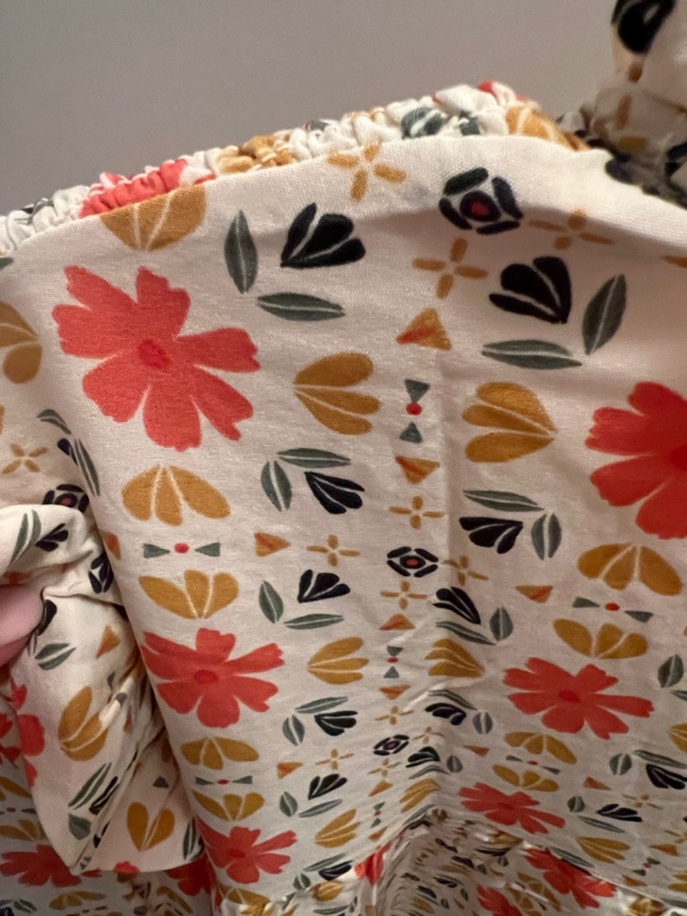 Floral Smocked Ruffle-Trim Long Sleeve Top - Cream with Coral & Yellow - Picture 4 of 5